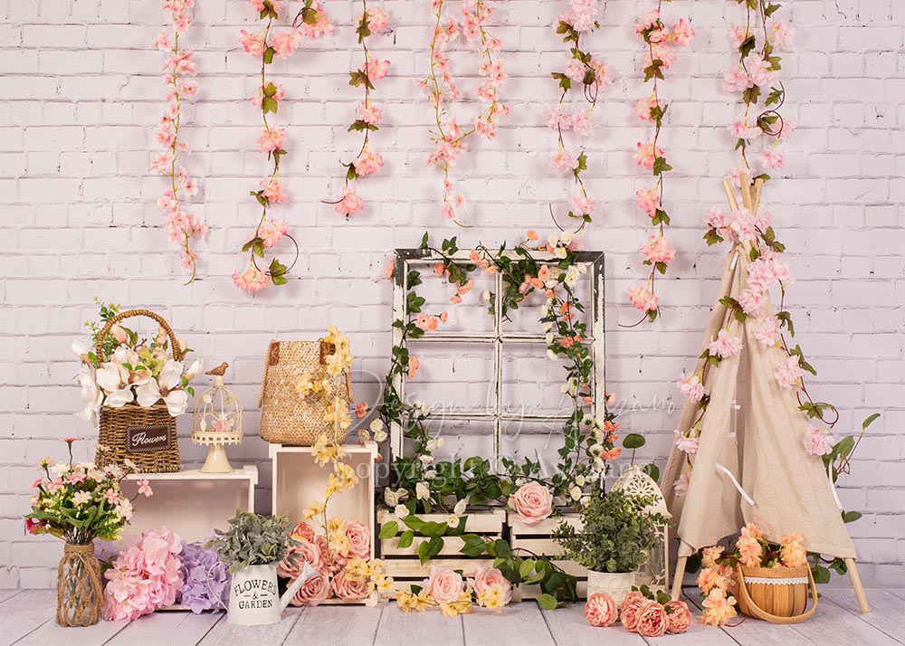 Avezano Spring White Brick Wall Floral Window Photography Backdrop-AVEZANO